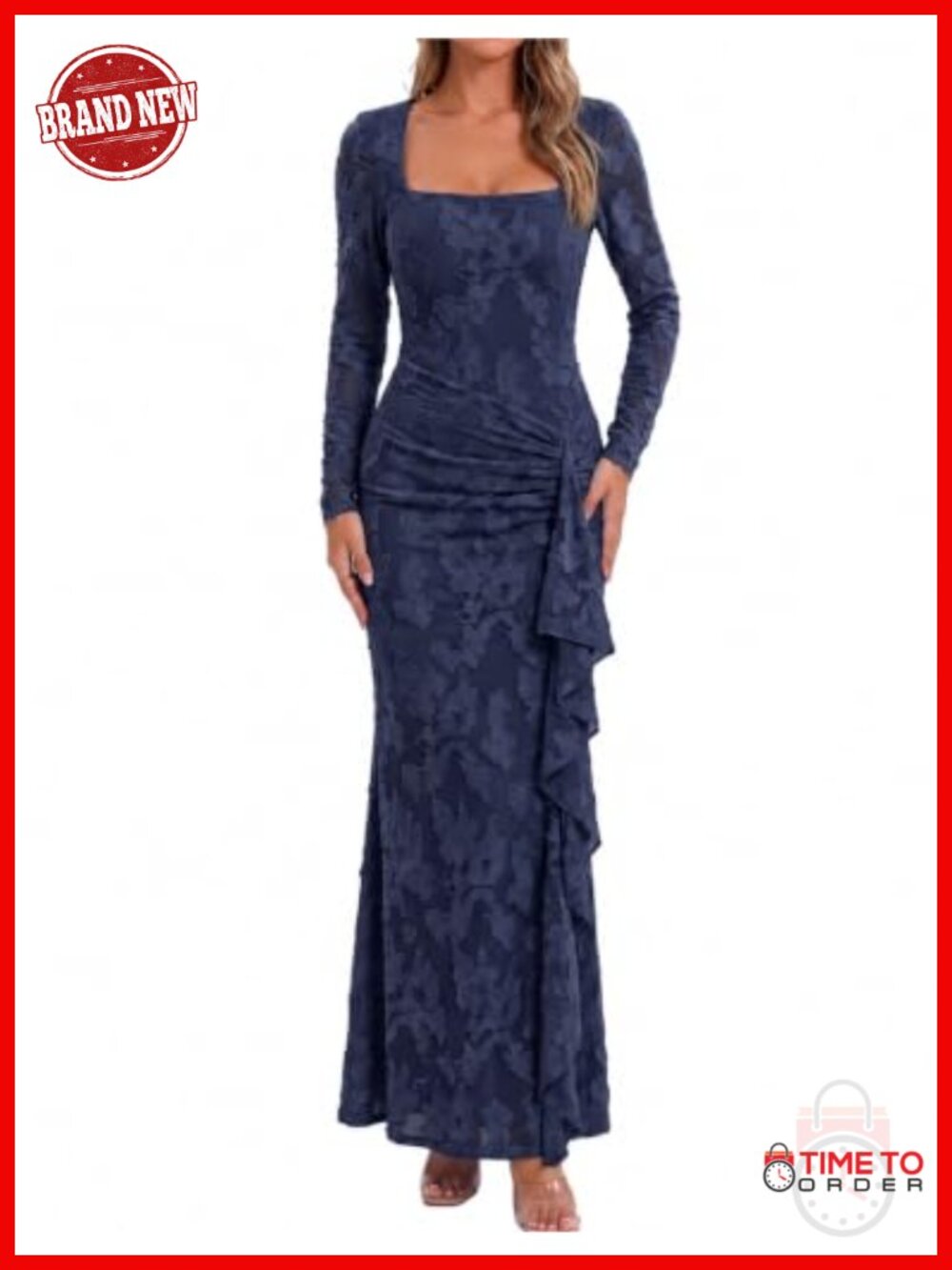 Women's Floral Maxi Dress Square Neck Long Sleeve Wedding Guest Cocktail